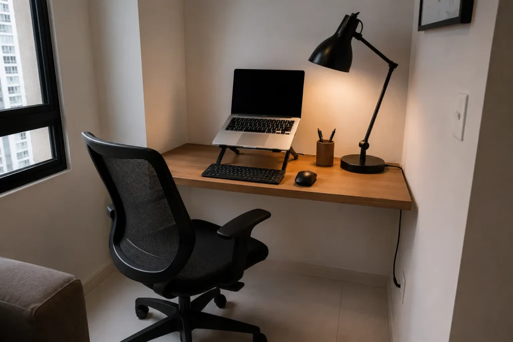 Home office pequeno simples com itens essenciais e orçamento enxuto.