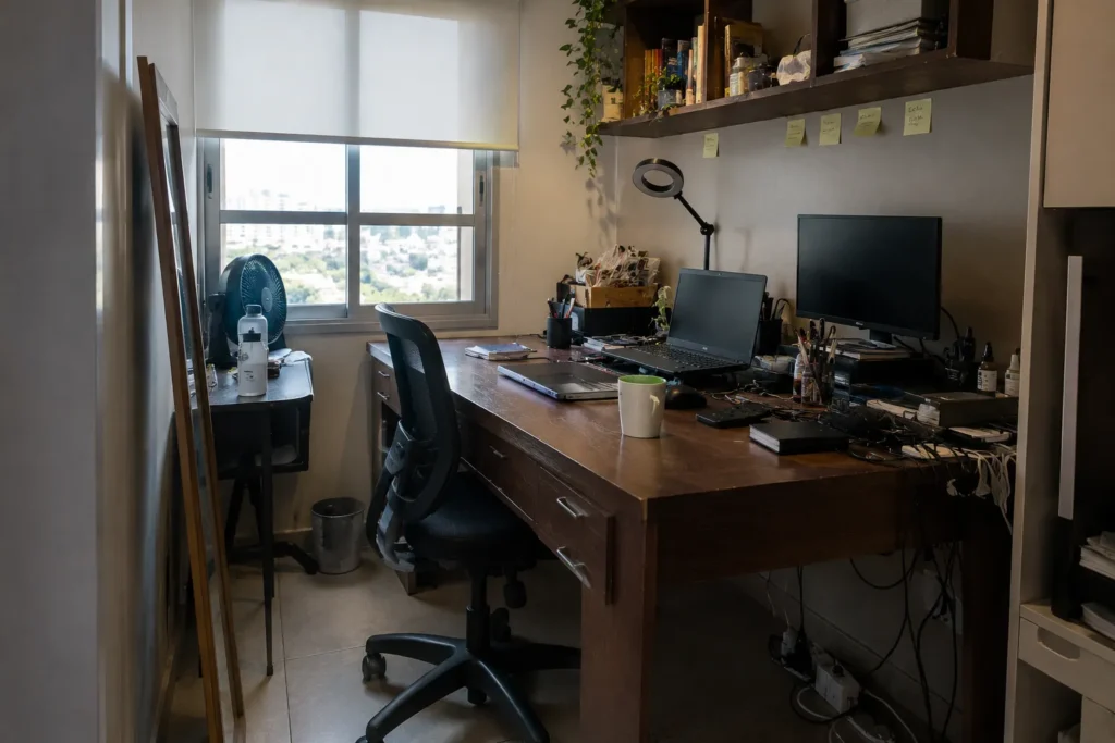 Home office pequeno desorganizado com mesa grande demais e fios aparentes.