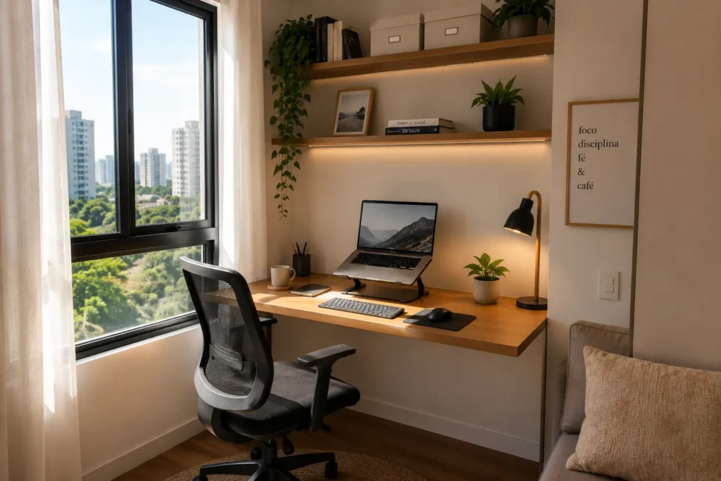 Home office pequeno com mesa ao lado da janela e boa iluminação natural.