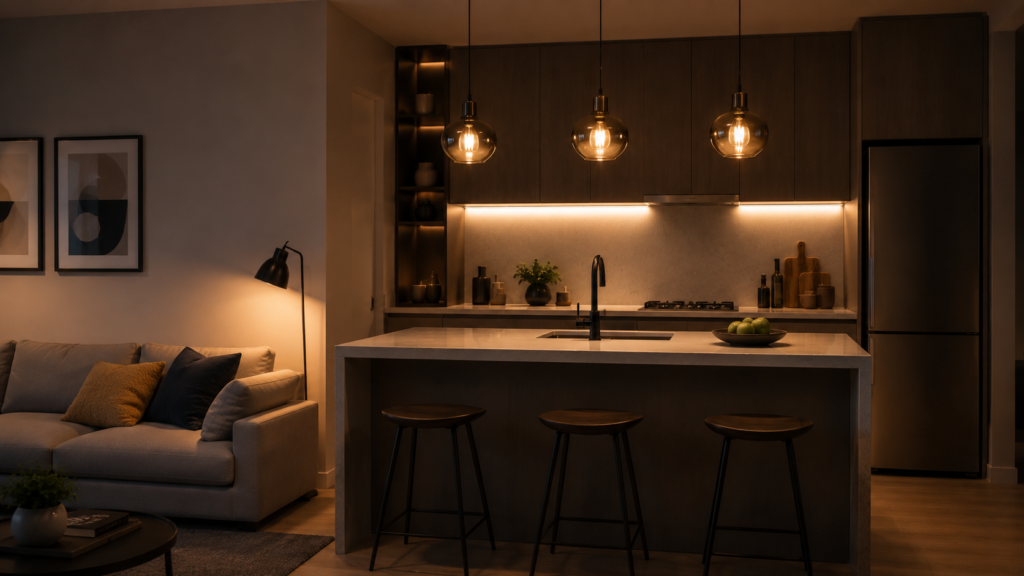 Projeto de iluminação residencial noturna em apartamento integrado, com luzes quentes em pendentes e fitas de LED embutidas na marcenaria.