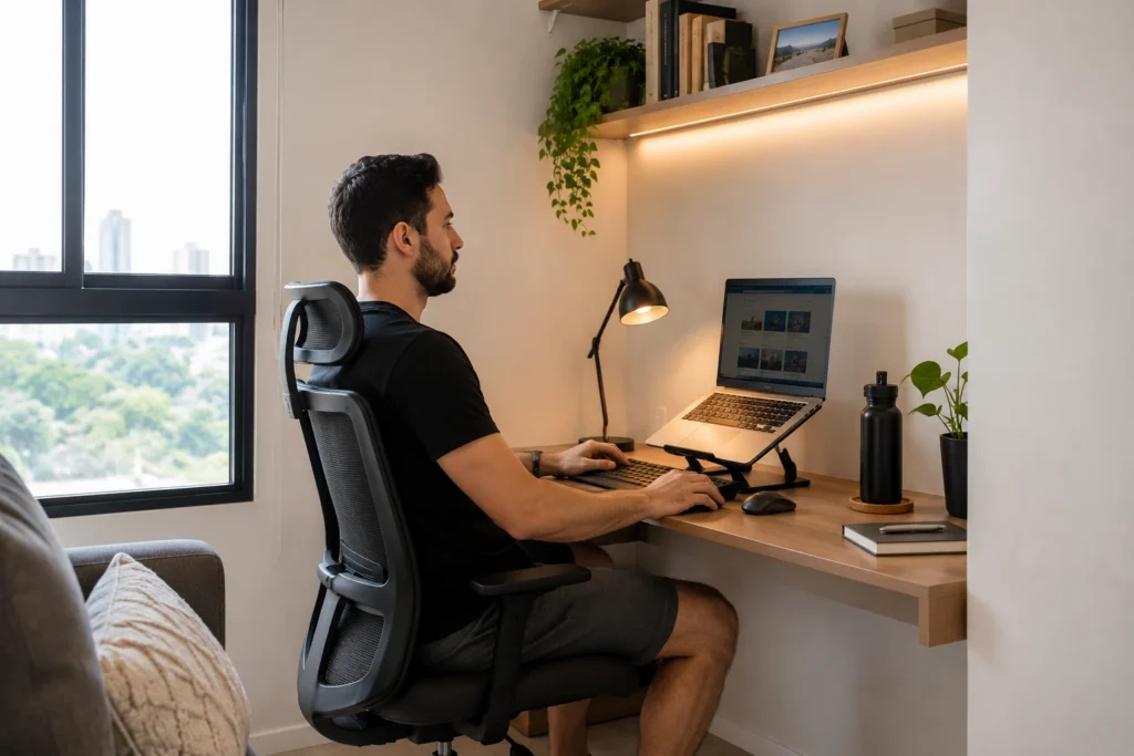 Pessoa usando home office pequeno com postura correta, suporte para notebook e cadeira ergonômica.