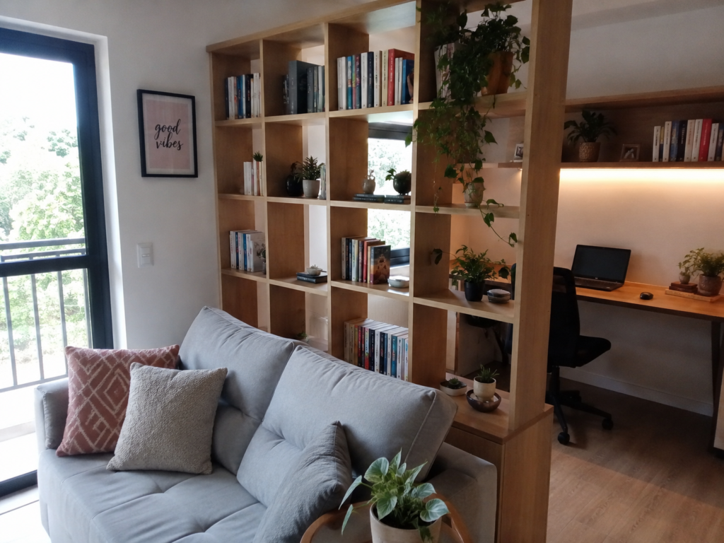 Estante divisória de ambientes vazada organizando livros e plantas decorativas em apartamento integrado.