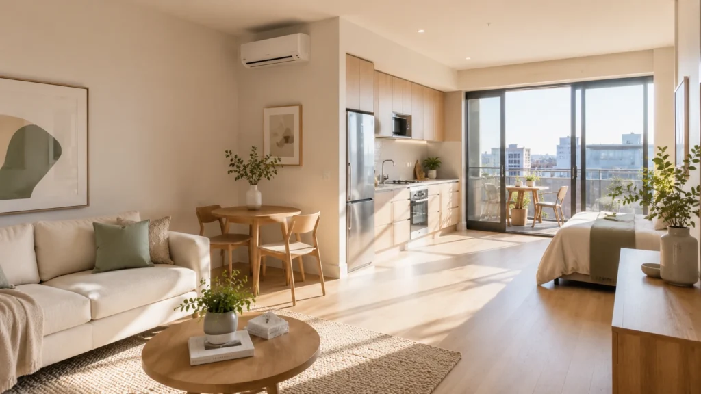Vista geral de apartamento integrado onde a mesma cor de parede conecta sala, cozinha e varanda para criar amplitude.