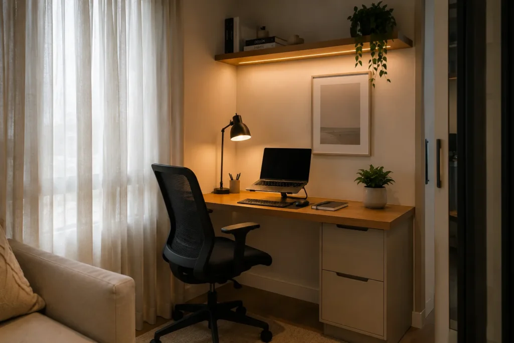 Home office pequeno bonito e funcional integrado à decoração do apartamento.