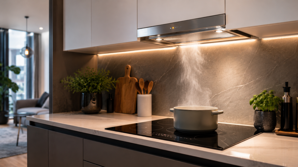 Coifa de alta tecnologia embutida em armários brancos sobre cooktop de indução em cozinha compacta.