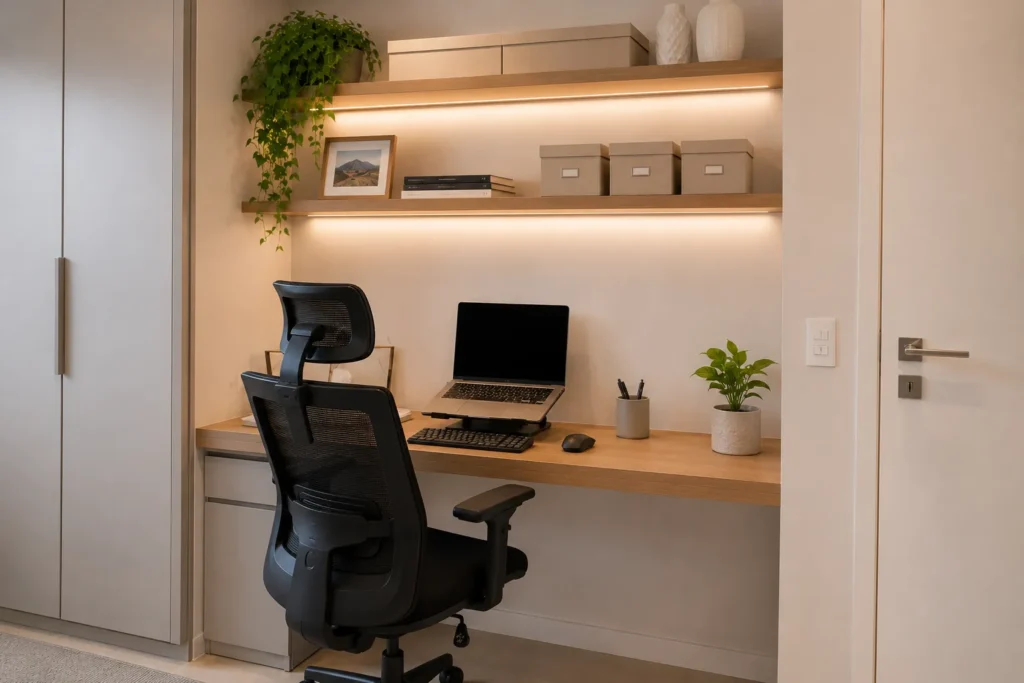 Home office pequeno organizado com prateleiras e bancada limpa.