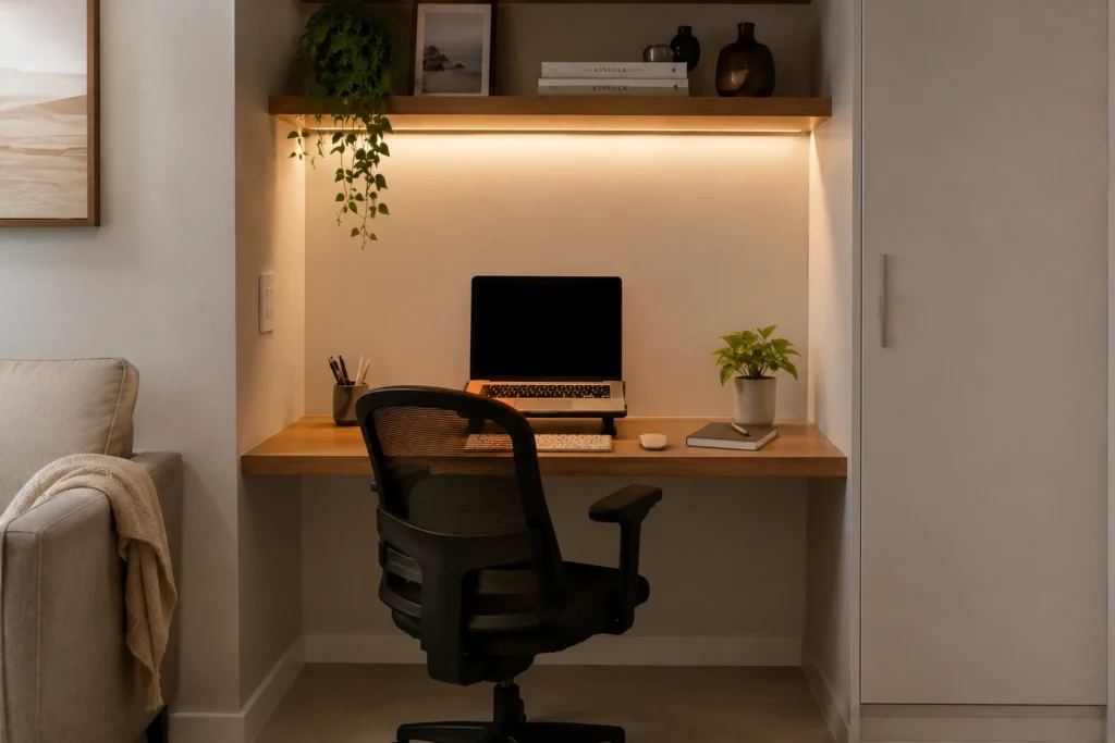 Bancada compacta de home office em apartamento pequeno com medidas proporcionais.