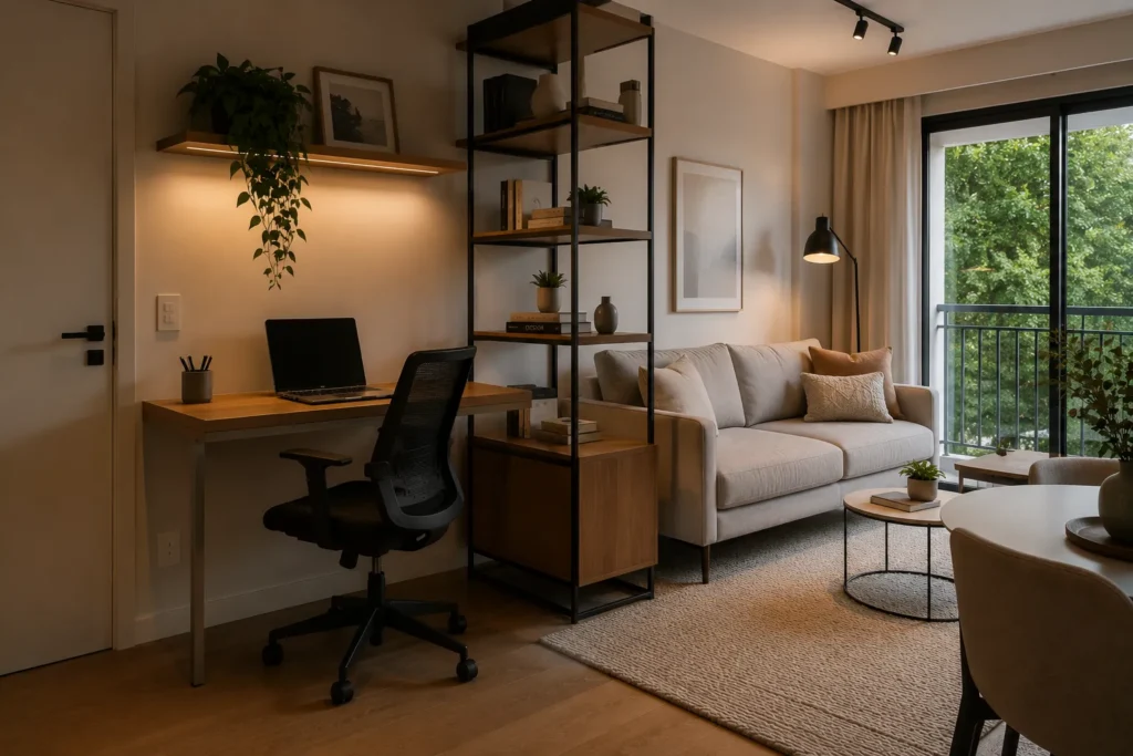 Composição fotográfica realista mostrando três soluções de home office em apartamento pequeno: um na sala, um no quarto e um em studio compacto. Todos devem ter visual funcional, proporções realistas, decoração leve e aproveitamento inteligente do espaço.
