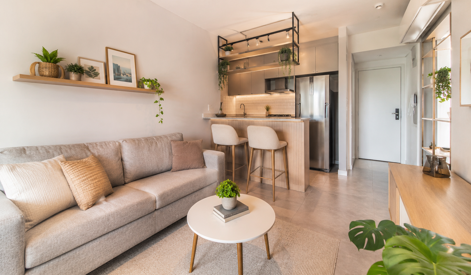 Sala de estar e cozinha integradas em apartamento de 40m² decorado de forma minimalista e organizada.