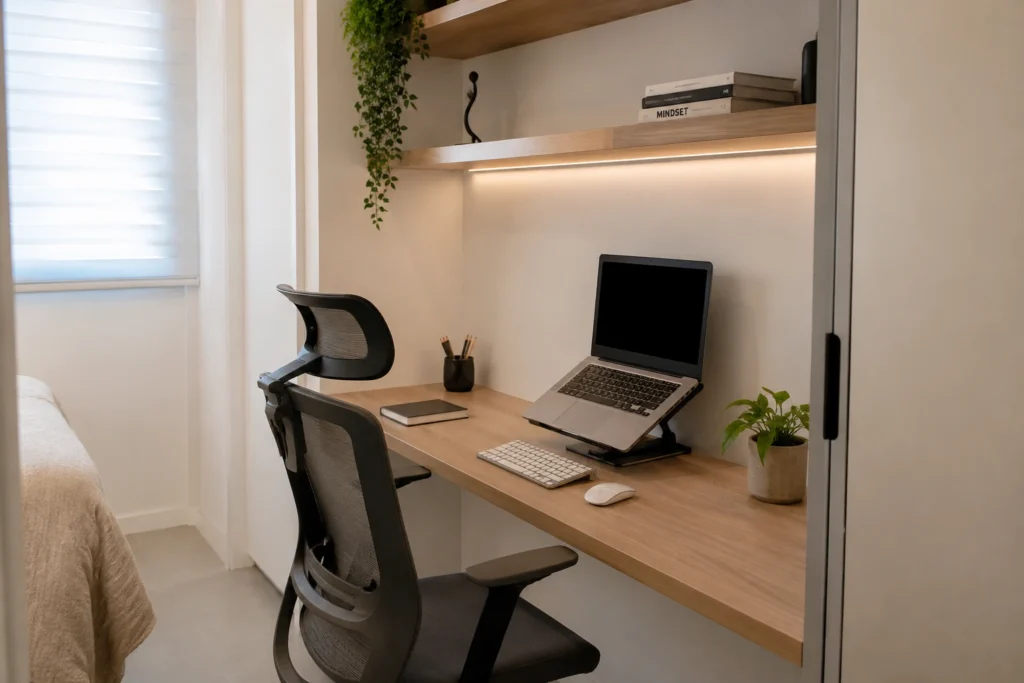 Canto de home office pequeno e funcional com notebook, suporte e cadeira confortável.
