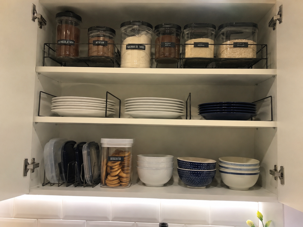 Organizadores de armário de cozinha aramados otimizando o espaço interno para pratos.