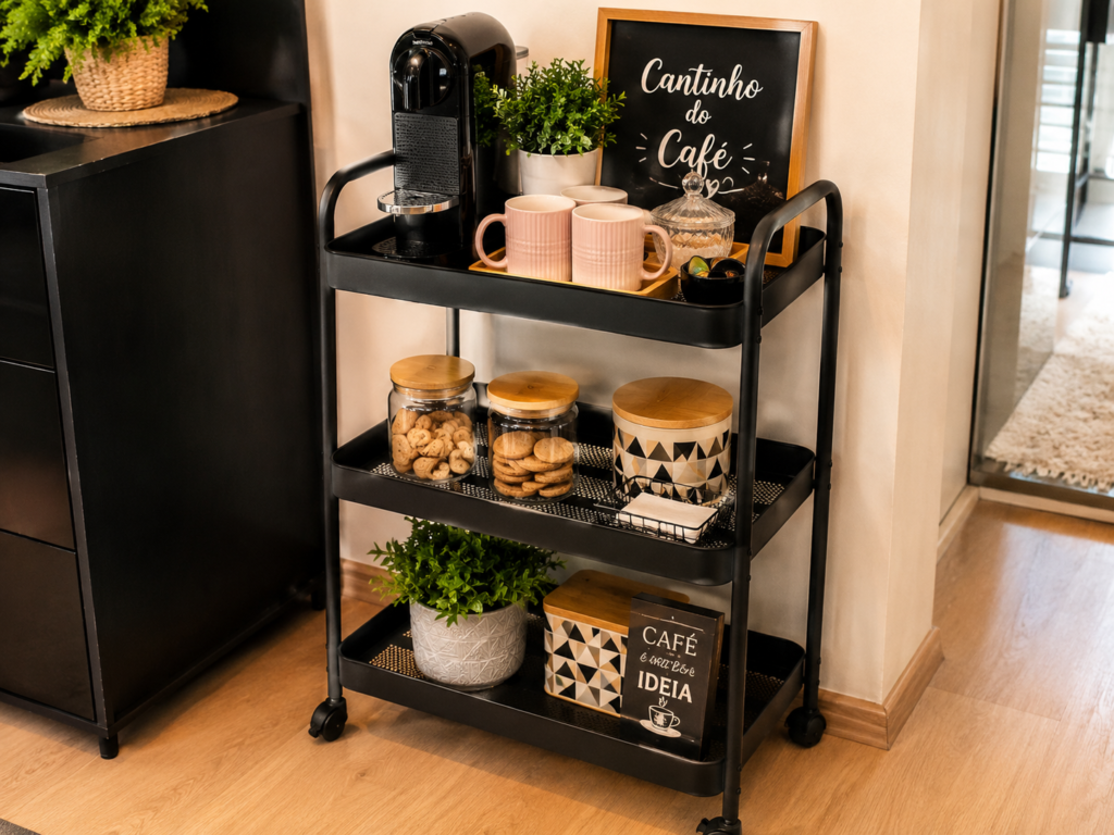 Carrinho organizador multiuso com rodinhas decorado como cantinho do café flutuante na sala.