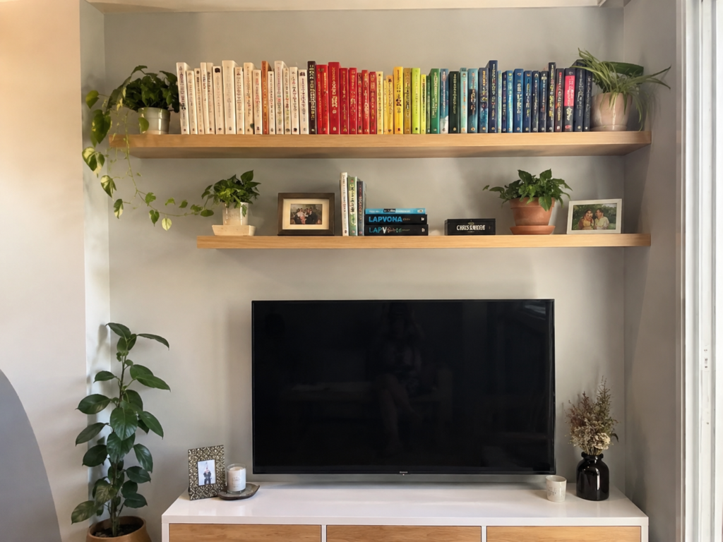 Prateleiras aéreas organizadas em sala de apartamento pequeno para otimizar espaço vertical.