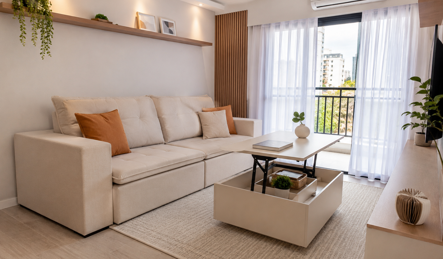 Sala de estar compacta com decoração moderna destacando móveis multifuncionais inteligentes para otimizar espaço em apartamento pequeno.