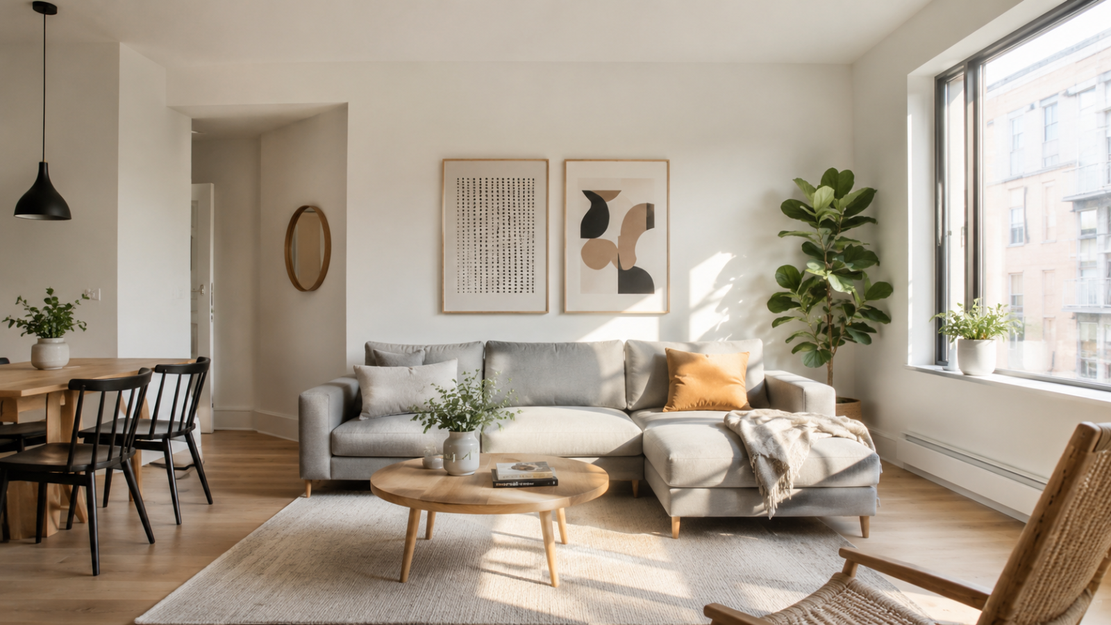 Sala de estar pequena e iluminada com paredes off-white ilustrando o uso de cores para apartamento pequeno que ampliam o espaço.
