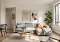 Sala de estar pequena e iluminada com paredes off-white ilustrando o uso de cores para apartamento pequeno que ampliam o espaço.