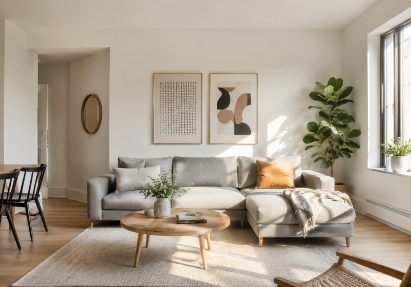 Sala de estar pequena e iluminada com paredes off-white ilustrando o uso de cores para apartamento pequeno que ampliam o espaço.