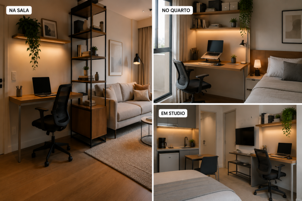 Exemplos de home office em apartamento pequeno na sala, no quarto e em studio.