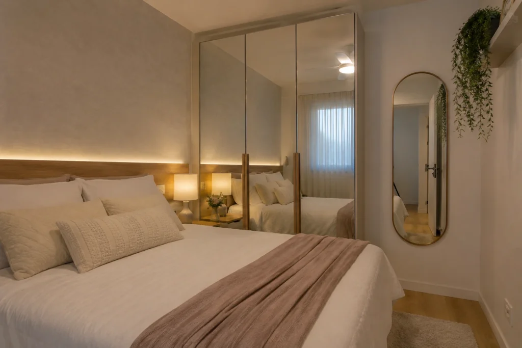 Quarto de casal com espelho oval decorativo refletindo a iluminação quente do ambiente.