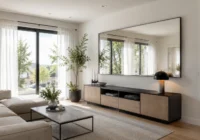 Sala de estar moderna e iluminada com um grande espelho na decoração ampliando o ambiente.