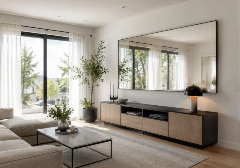 Sala de estar moderna e iluminada com um grande espelho na decoração ampliando o ambiente.
