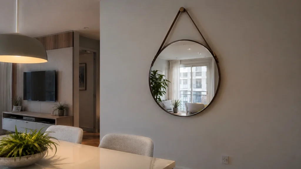 Espelho na decoração redondo com moldura de couro suspenso na parede da sala de jantar.