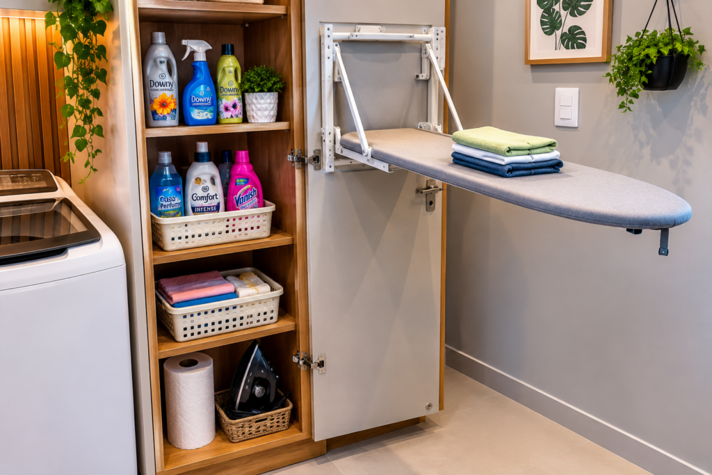 Armário multiuso vertical com tábua de passar embutida ideal para lavanderias e áreas de serviço pequenas.