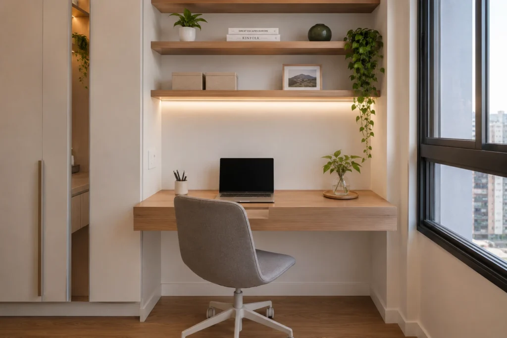 Home office pequeno com bancada suspensa e móveis compactos.