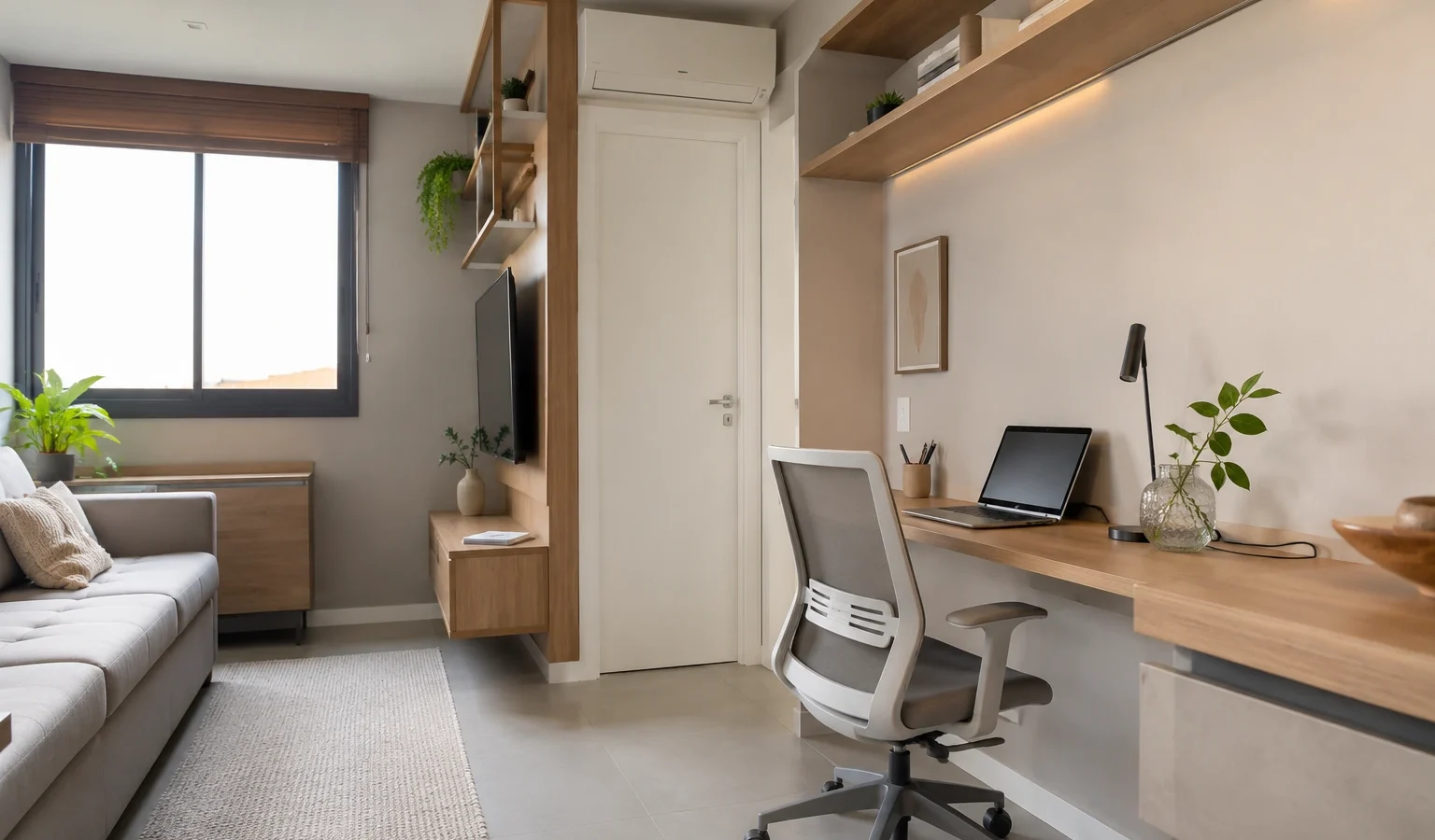 Home office em apartamento pequeno montado na sala com bancada compacta, cadeira ergonômica e organização vertical.