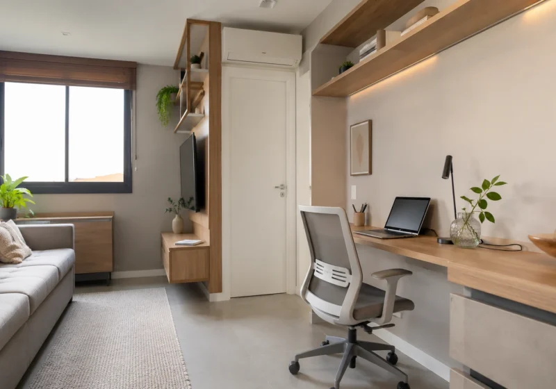 Home office em apartamento pequeno montado na sala com bancada compacta, cadeira ergonômica e organização vertical.
