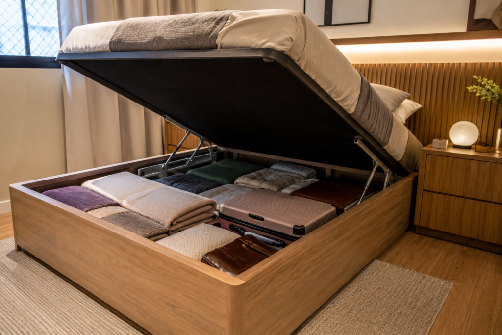 Cama box de casal com baú embutido aberto mostrando organização interna de roupas de cama em quarto pequeno.