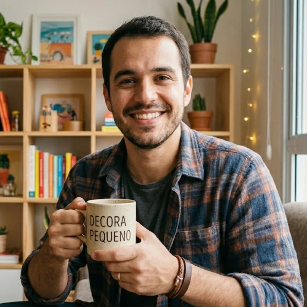 Thiago, criador do blog Decora Pequeno, em seu apartamento compacto