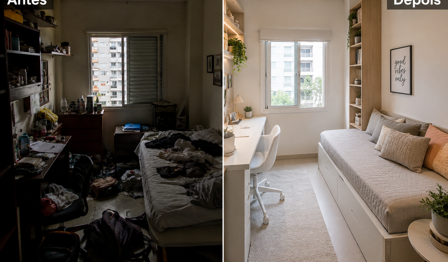 Antes e depois da decoração de um quarto de solteiro pequeno mostrando a otimização de espaço com móveis funcionais.