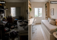 Antes e depois da decoração de um quarto de solteiro pequeno mostrando a otimização de espaço com móveis funcionais.