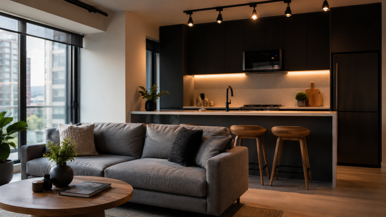 Fotografia de interior de apartamento studio moderno mostrando uma sala e cozinha integradas com decoração minimalista e iluminação aconchegante.