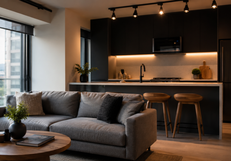 Fotografia de interior de apartamento studio moderno mostrando uma sala e cozinha integradas com decoração minimalista e iluminação aconchegante.