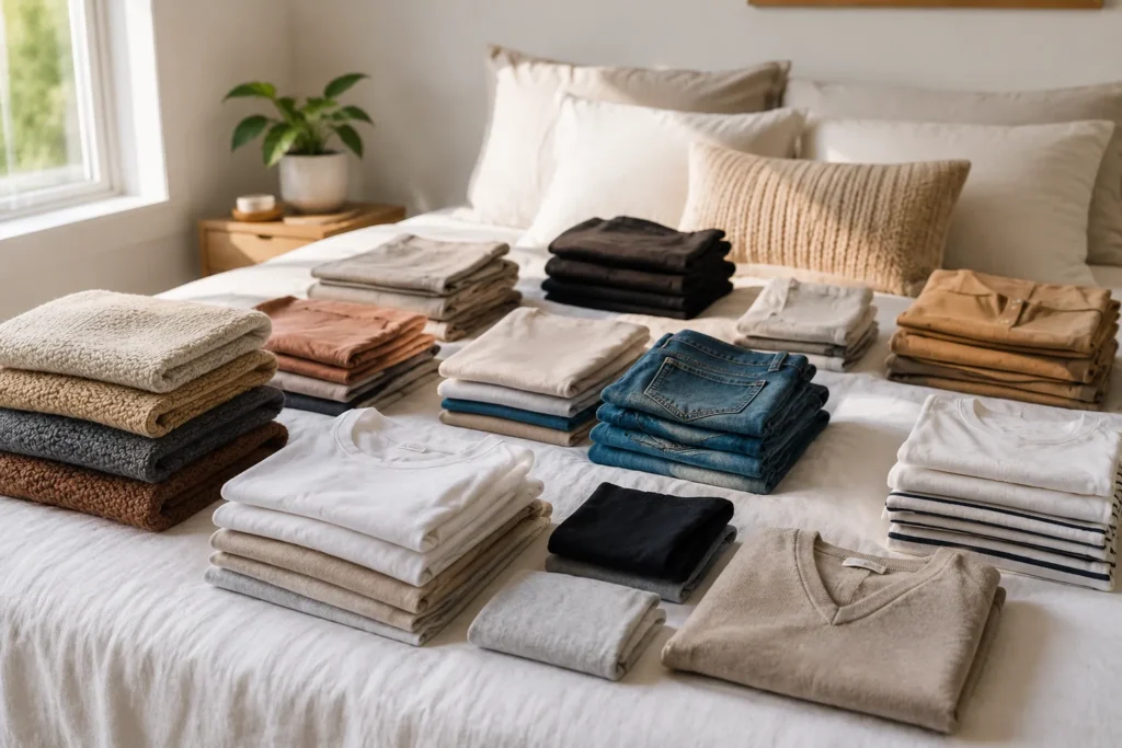 Pilhas organizadas de roupas divididas por categoria sobre uma cama clara durante a etapa de triagem e desapego. Como organizar guarda roupa pequeno