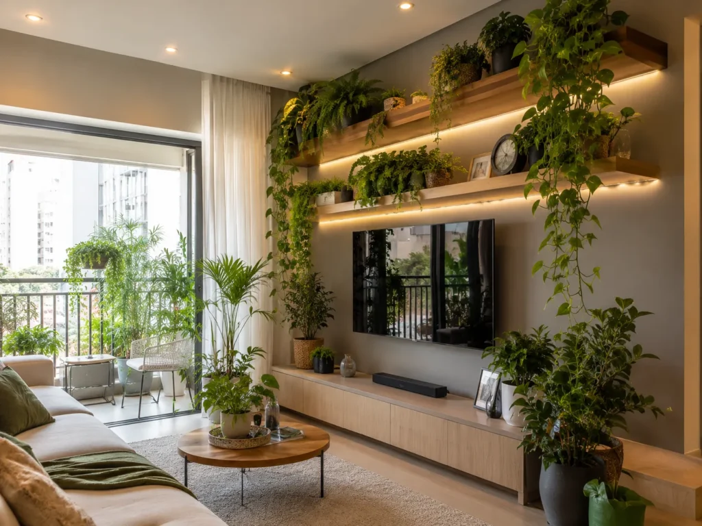 Prateleiras de madeira na parede com plantas pendentes criando um jardim vertical em apartamento pequeno.