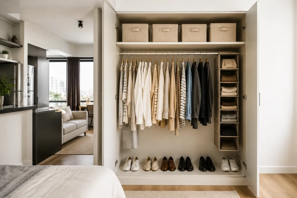Visão geral de um guarda-roupa pequeno aberto aproveitando maleiro, varão e base com organizadores.