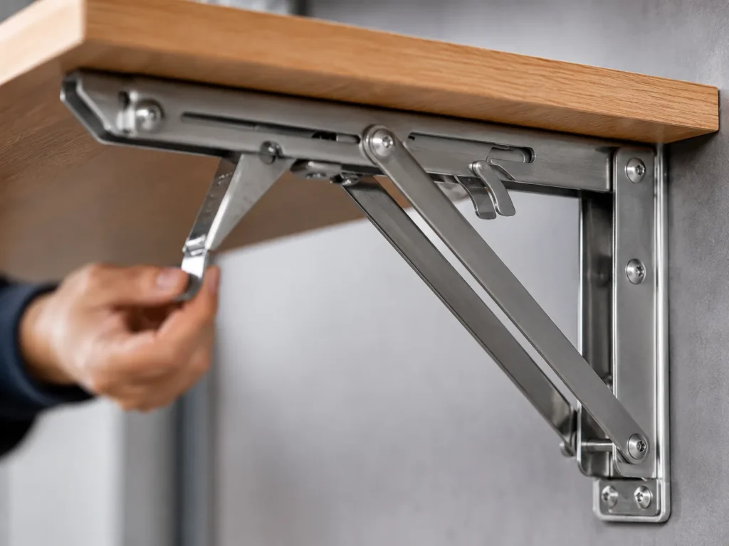 Mesa dobrável para apartamento pequeno feita de madeira clara aberta em uma cozinha minimalista.