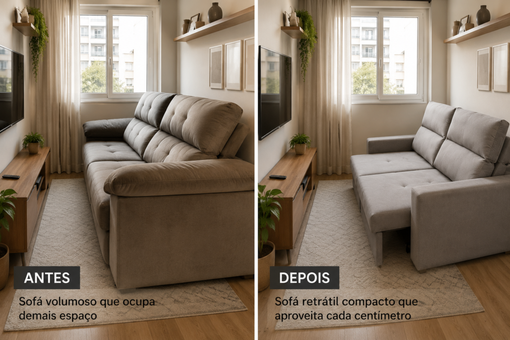 Comparativo visual mostrando a diferença de espaço entre um sofá volumoso comum e um sofá retrátil compacto com braços finos.