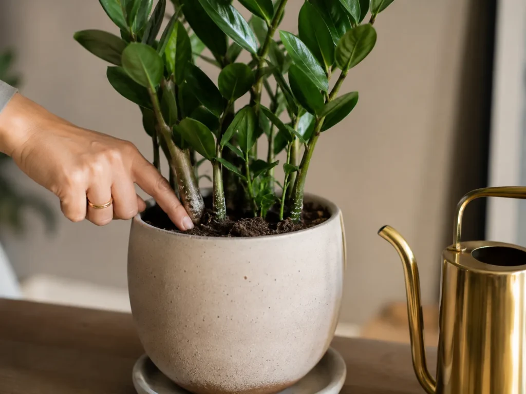 Pessoa testando a umidade da terra do vaso de planta com o dedo antes de realizar a rega.