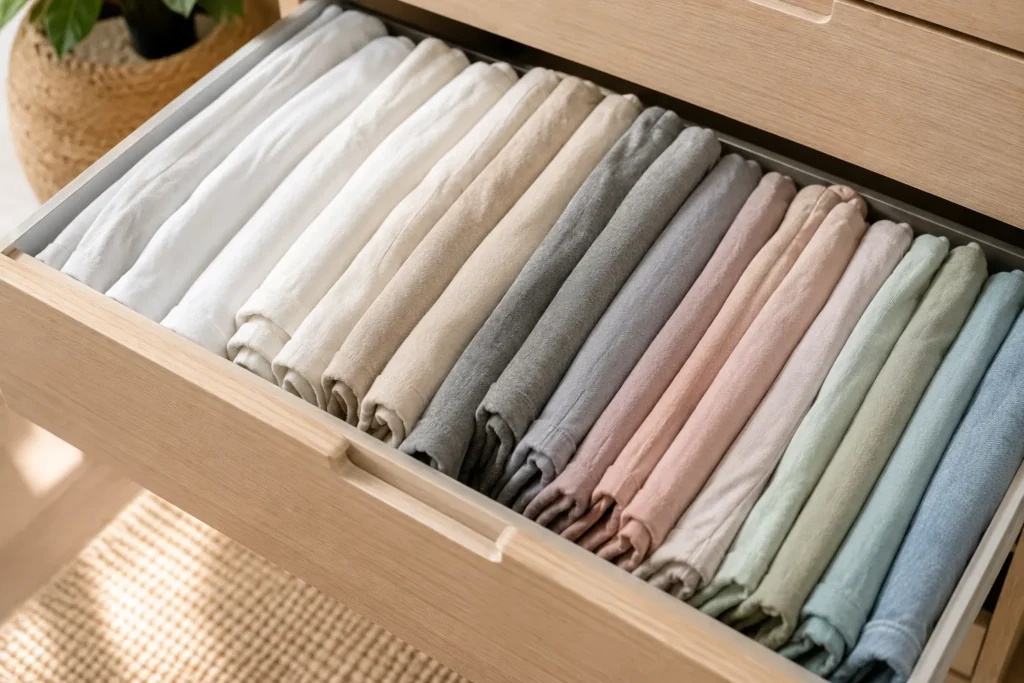 Gaveta aberta mostrando camisetas dobradas em pé no método arquivo de forma alinhada e organizada