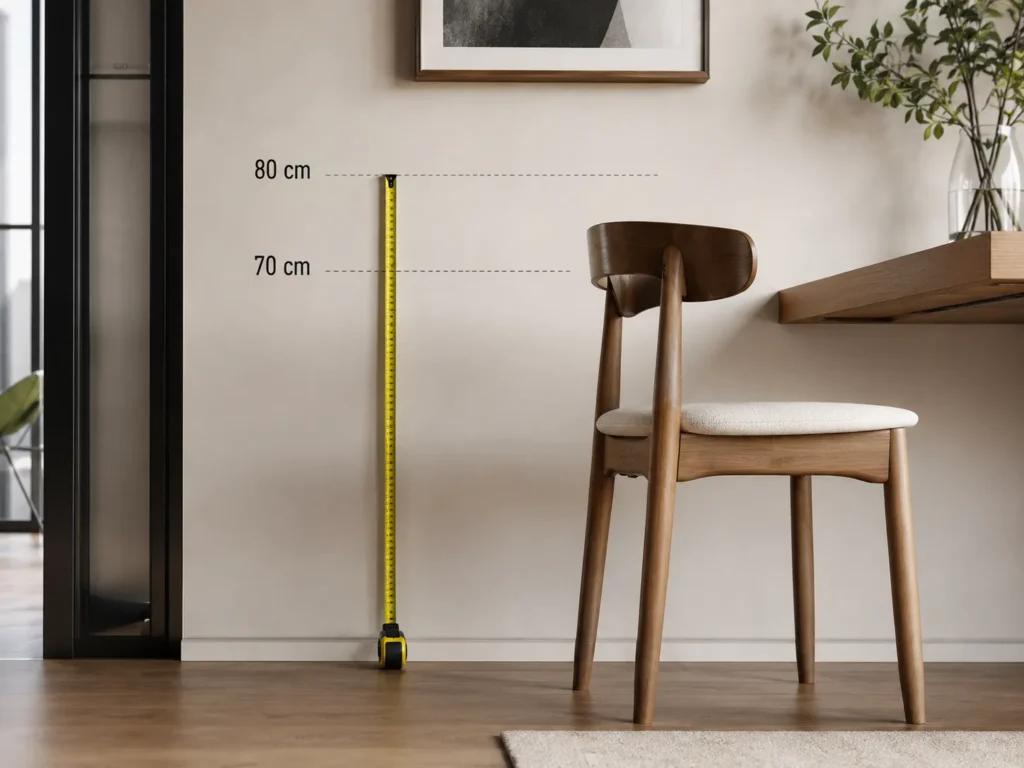 Medição de altura na parede para fixação correta de uma mesa dobrável para apartamento pequeno.