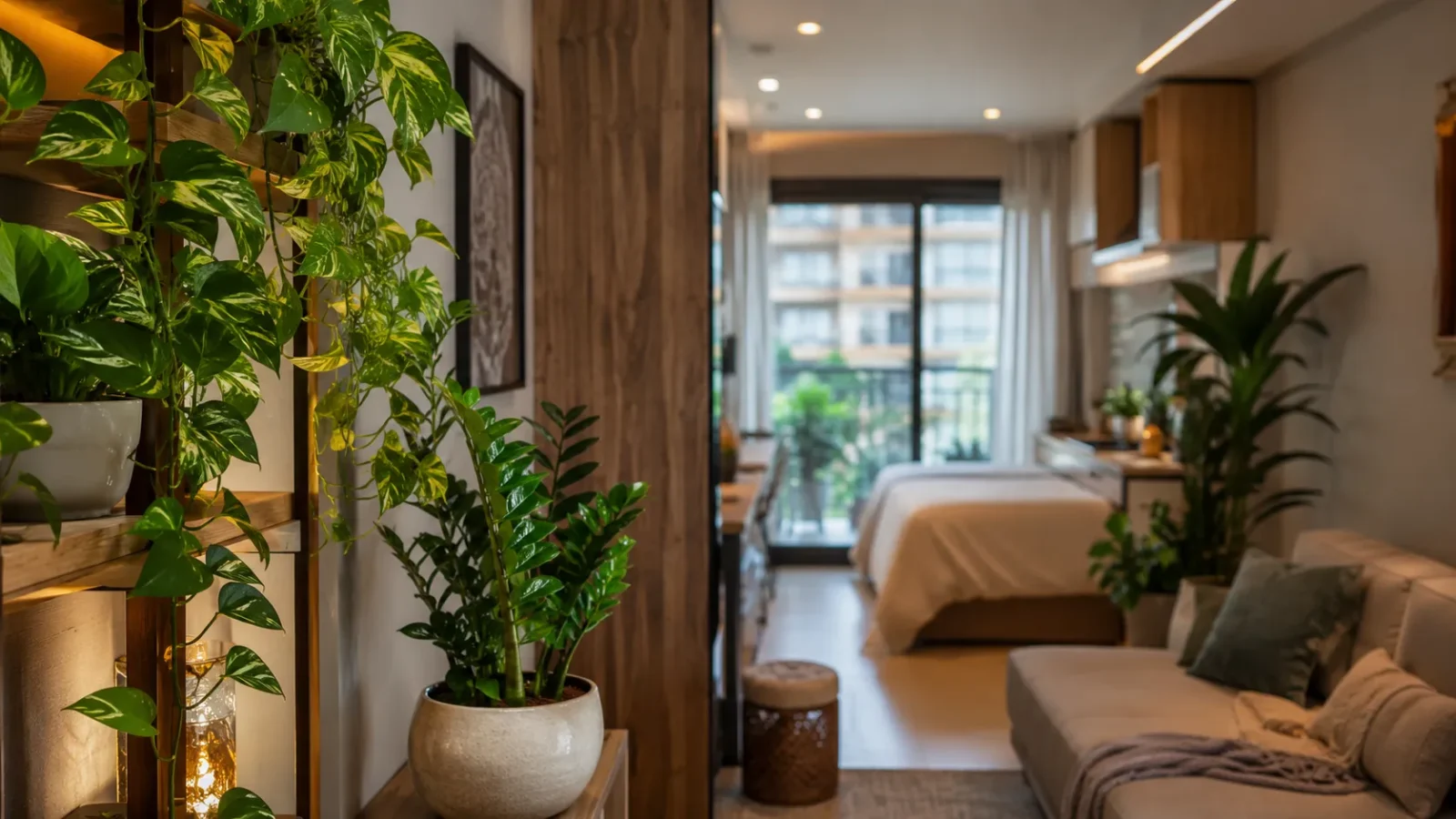 Apartamento moderno decorado com plantas de sombra como jiboia pendente e zamioculca em prateleira de madeira. plantas para apartamento