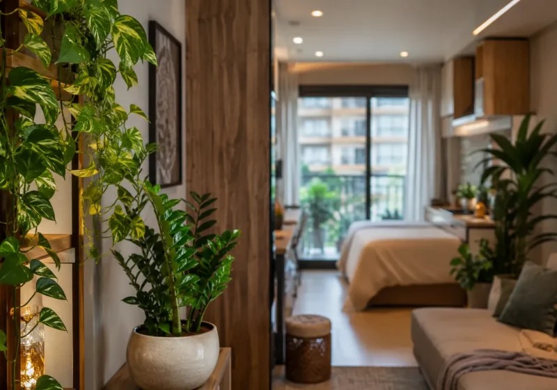 Apartamento moderno decorado com plantas de sombra como jiboia pendente e zamioculca em prateleira de madeira. plantas para apartamento