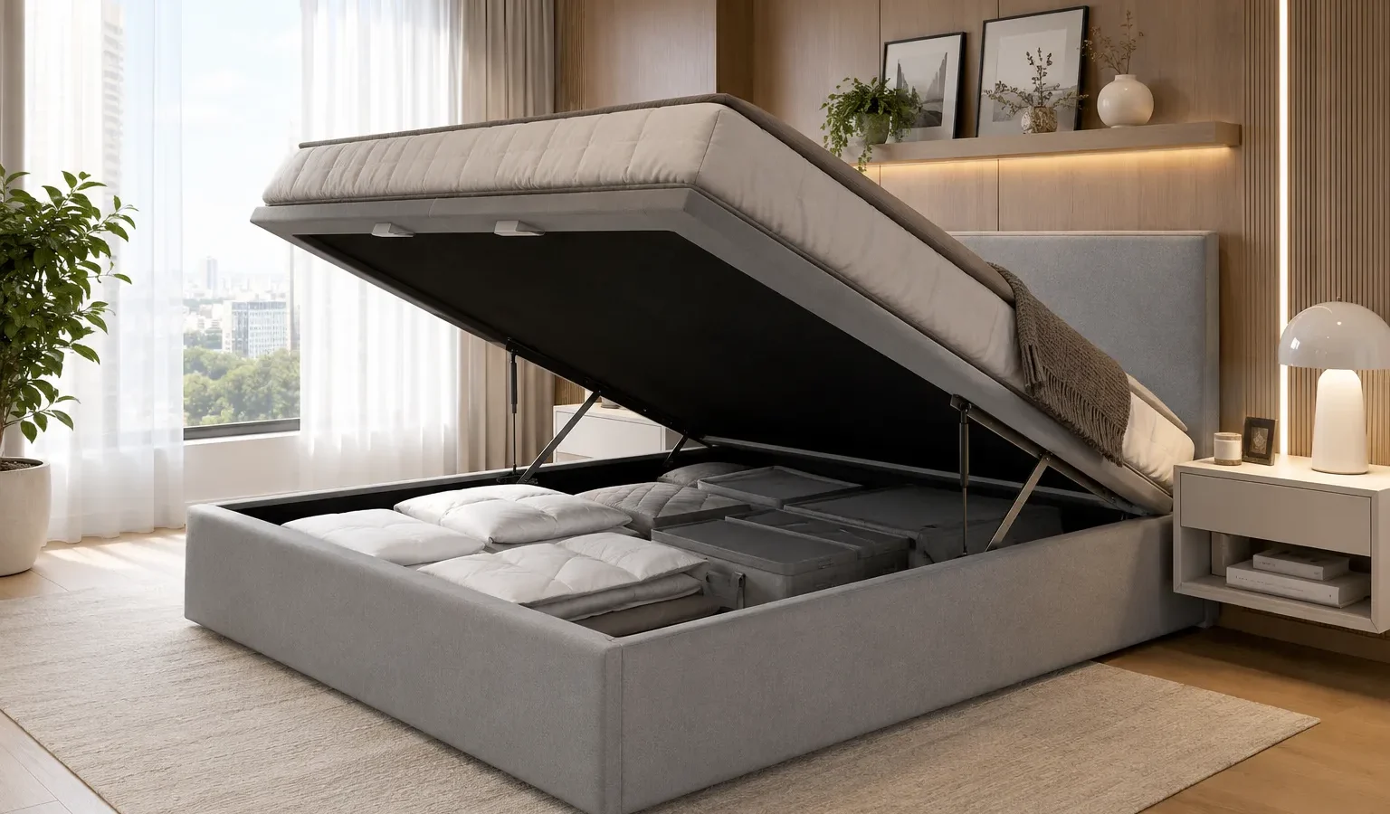 Cama box baú de casal aberta exibindo espaço interno organizado em quarto ensolarado e minimalista.