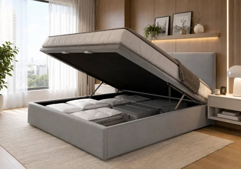 Cama box baú de casal aberta exibindo espaço interno organizado em quarto ensolarado e minimalista.