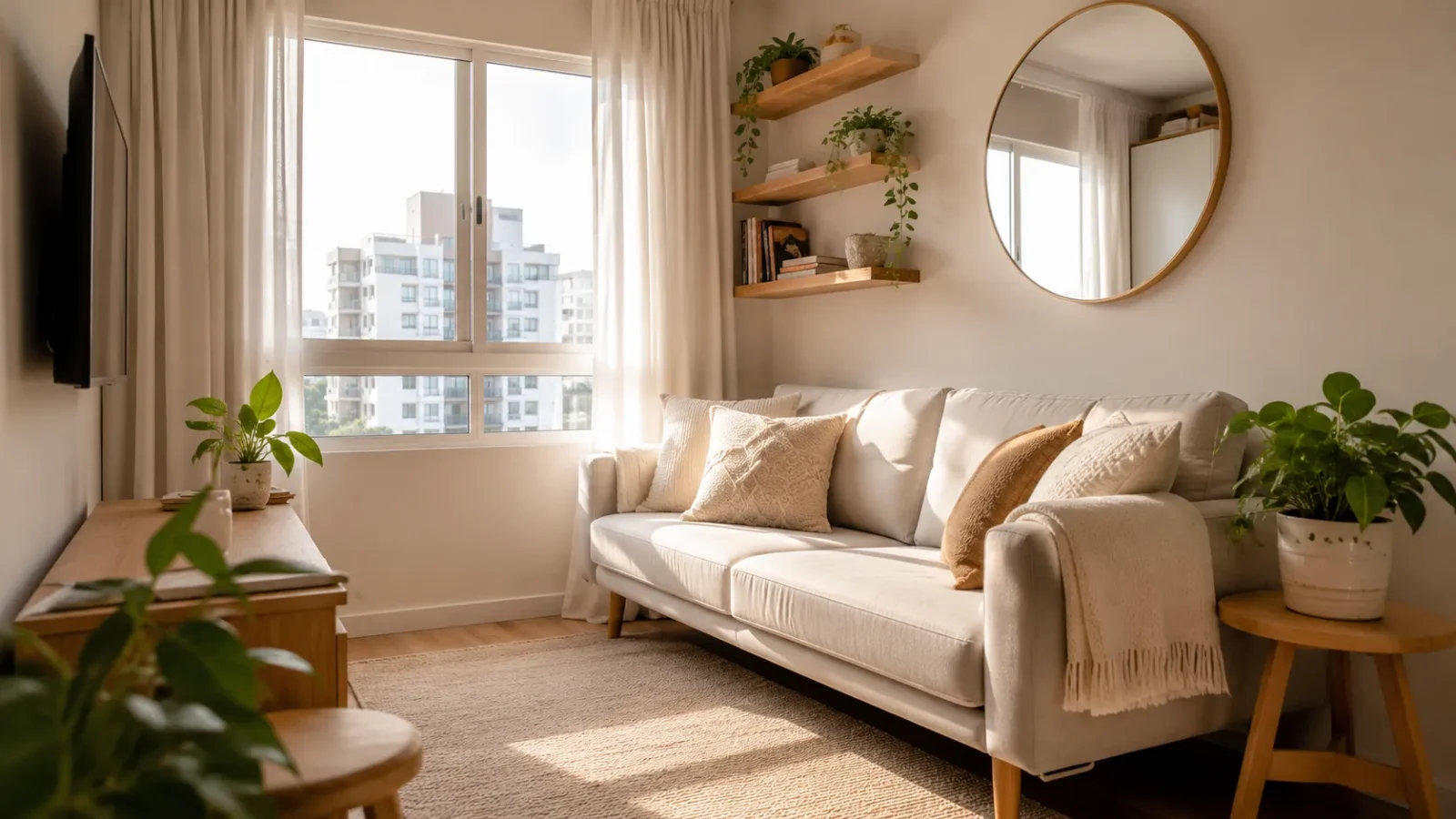 Decoração de casa pequena moderna e iluminada com prateleiras e espelho circular.