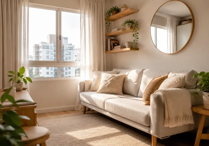 Decoração de casa pequena moderna e iluminada com prateleiras e espelho circular.